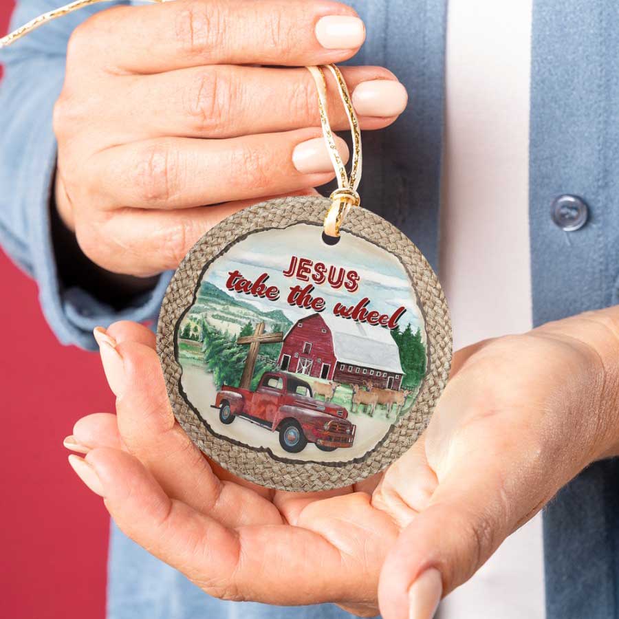 Christmas-At-Farm-Jesus-Take-The-Wheel-Ceramic-Ornament Christmas At Farm Jesus Take The Wheel Ceramic Ornament