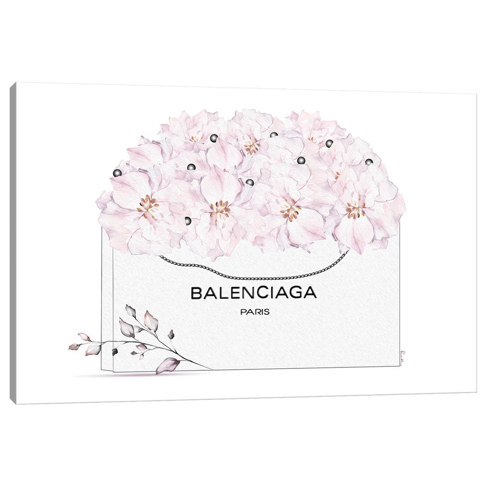 Balenciaga-White-Shopping-Bag-With-Pastel-Florals-Black-Framed-Canvas-Stretched-Wrapped-Canvas-Print-Wall-Art-Decor-1 Stretched Wrapped Canvas Print