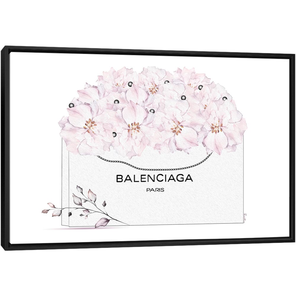 Balenciaga-White-Shopping-Bag-With-Pastel-Florals-Black-Framed-Canvas-Stretched-Wrapped-Canvas-Print-Wall-Art-Decor Balenciaga White Shopping Bag With Pastel Florals - Black Framed Canvas