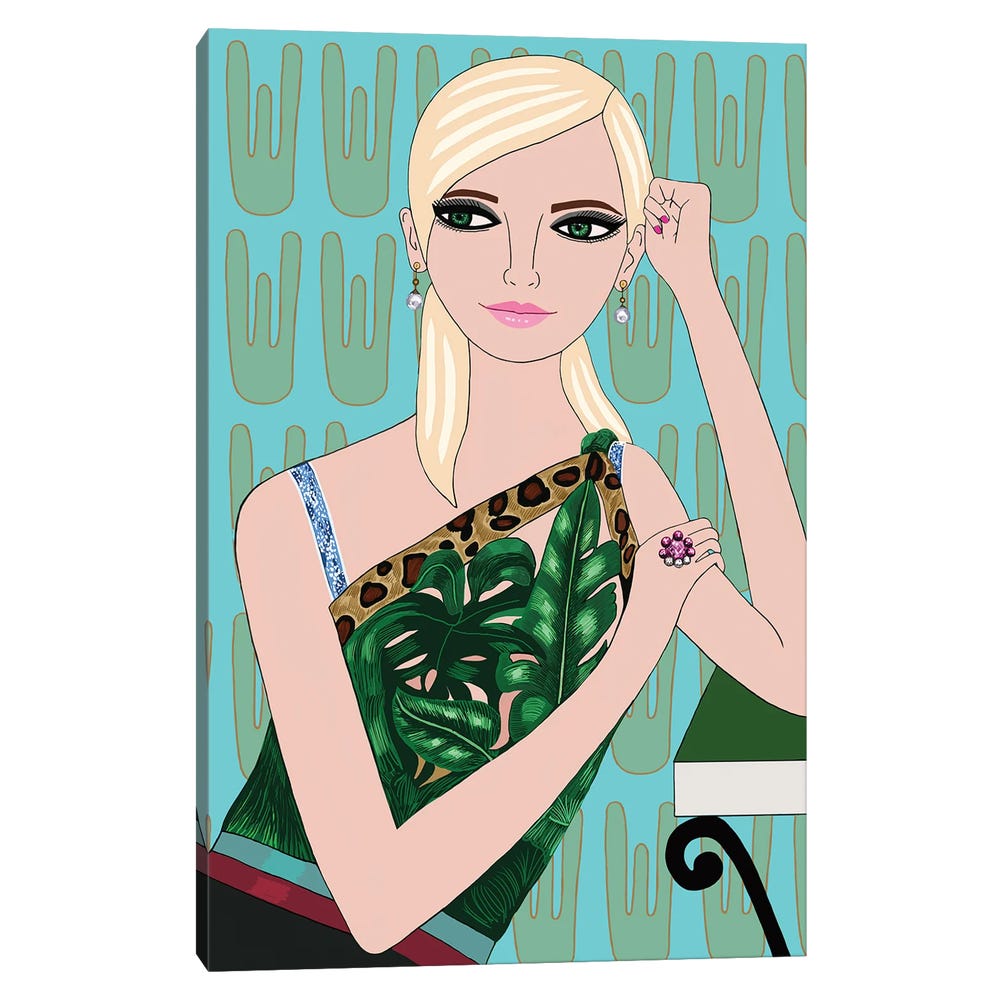 Blonde-In-Jungle-Versace-Top-Black-Framed-Canvas-Stretched-Wrapped-Canvas-Print-Wall-Art-Decor-1 Stretched Wrapped Canvas Print
