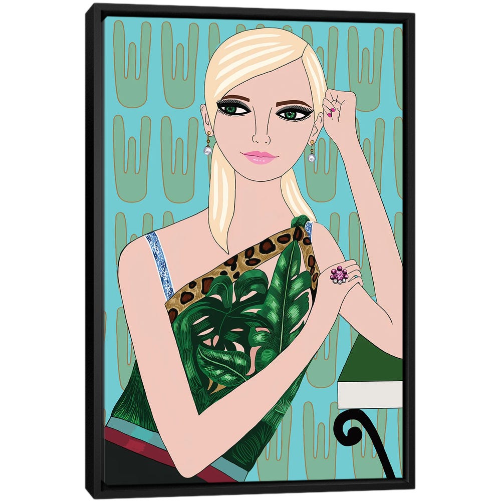 Blonde-In-Jungle-Versace-Top-Black-Framed-Canvas-Stretched-Wrapped-Canvas-Print-Wall-Art-Decor Blonde In Jungle Versace Top - Black Framed Canvas