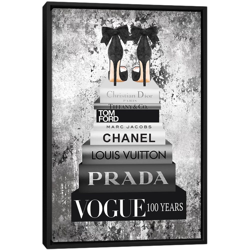 Bookstack-Metallic-Silver-Black-Framed-Canvas-Stretched-Wrapped-Canvas-Print-Wall-Art-Decor Bookstack Metallic Silver - Black Framed Canvas