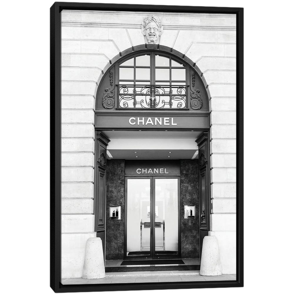 Chanel-Store-Black-And-White-Black-Framed-Canvas-Stretched-Wrapped-Canvas-Print-Wall-Art-Decor Chanel Store Black And White - Black Framed Canvas