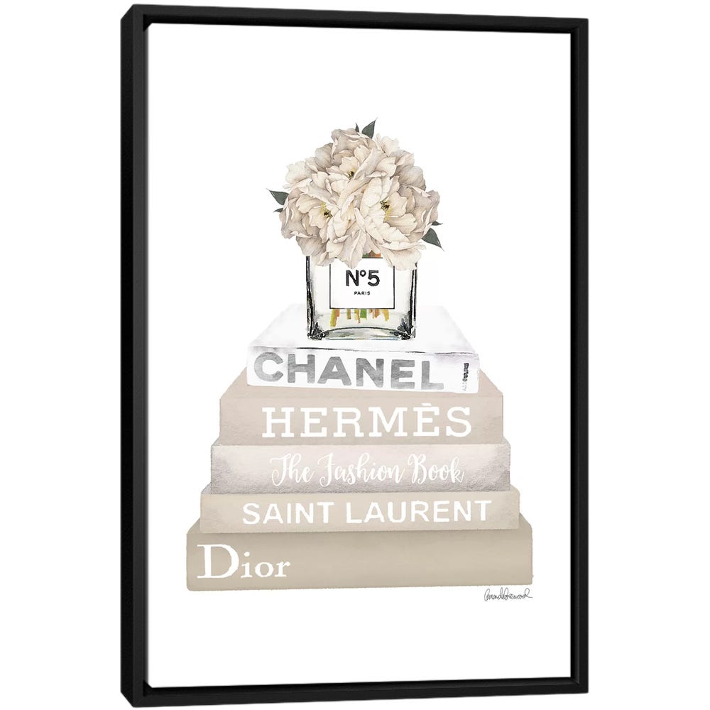 Cream-Champagne-And-Silver-Bookstack-Topped-By-Vase-With-White-Peony-Black-Framed-Canvas-Stretched-Wrapped-Canvas-Print-Wall-Art-Decor Cream