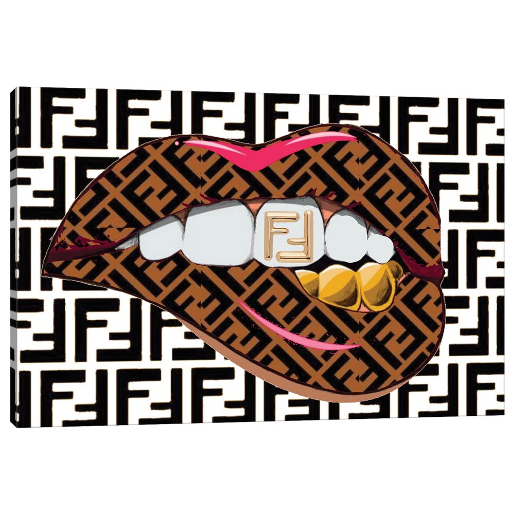 Fendi-Black-And-White-Logo-Lips-Pattern-Black-Framed-Canvas-Stretched-Wrapped-Canvas-Print-Wall-Art-Decor-1 Stretched Wrapped Canvas Print