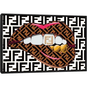 Fendi Black And White Logo Lips Pattern - Black Framed Canvas