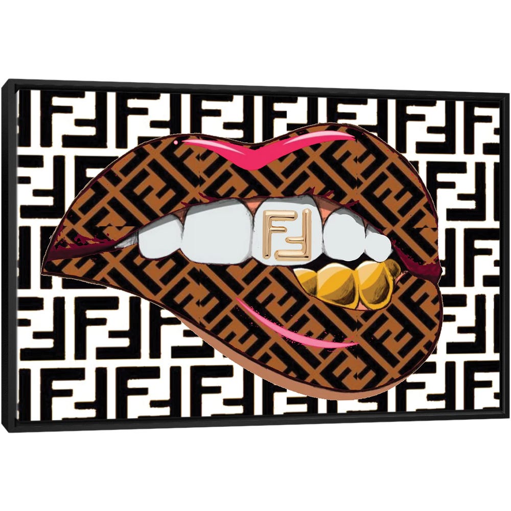 Fendi-Black-And-White-Logo-Lips-Pattern-Black-Framed-Canvas-Stretched-Wrapped-Canvas-Print-Wall-Art-Decor Fendi Black And White Logo Lips Pattern - Black Framed Canvas