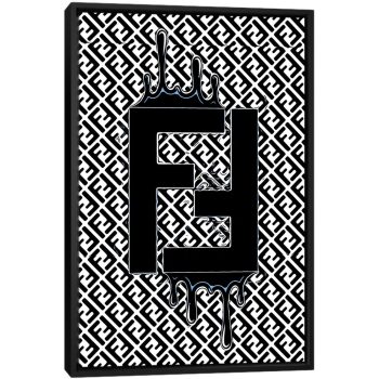Fendi Blue Dripping Logo - Black Framed Canvas