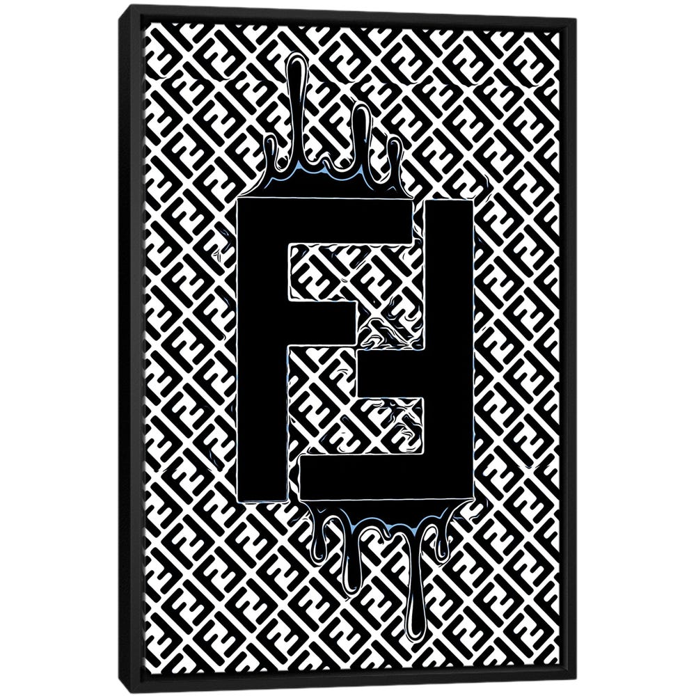 Fendi-Blue-Dripping-Logo-Black-Framed-Canvas-Stretched-Wrapped-Canvas-Print-Wall-Art-Decor Fendi Blue Dripping Logo - Black Framed Canvas