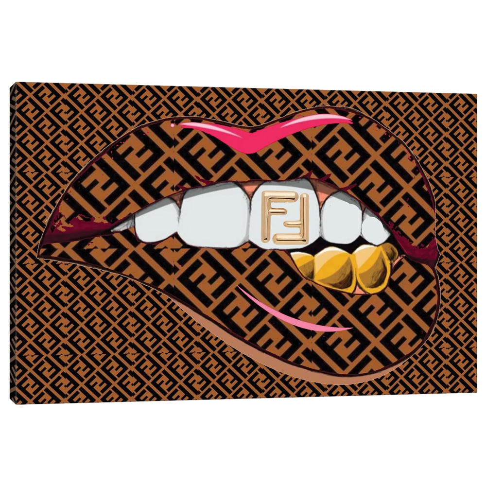 Fendi-Logo-Lips-Pattern-With-Gold-Logo-Teeth-Black-Framed-Canvas-Stretched-Wrapped-Canvas-Print-Wall-Art-Decor-1 Stretched Wrapped Canvas Print