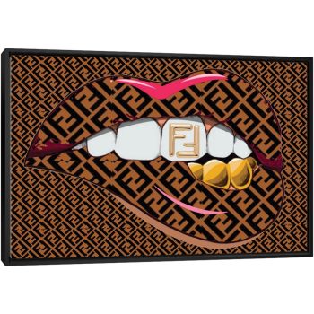 Fendi Logo Lips Pattern With Gold Logo Teeth - Black Framed Canvas
