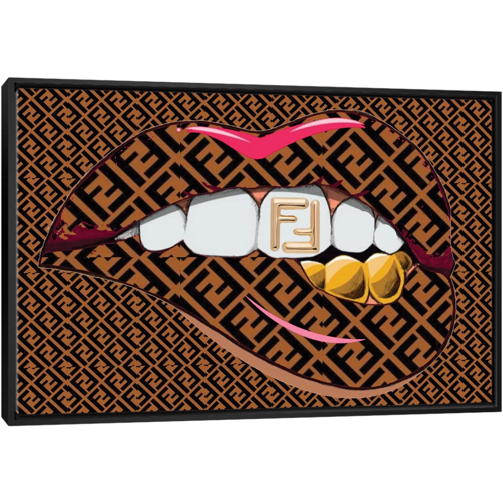 Fendi-Logo-Lips-Pattern-With-Gold-Logo-Teeth-Black-Framed-Canvas-Stretched-Wrapped-Canvas-Print-Wall-Art-Decor Fendi Logo Lips Pattern With Gold Logo Teeth - Black Framed Canvas