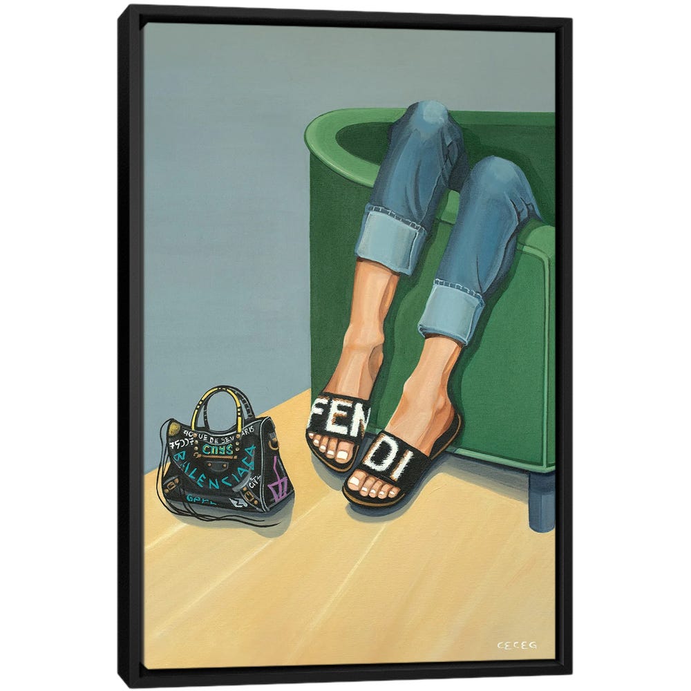 Girl-Wearing-Fendi-Slides-Black-Framed-Canvas-Stretched-Wrapped-Canvas-Print-Wall-Art-Decor Girl Wearing Fendi Slides - Black Framed Canvas