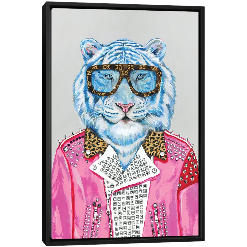 Gucci-Blue-Tiger-Black-Framed-Canvas-Stretched-Wrapped-Canvas-Print-Wall-Art-Decor Gucci Blue Tiger - Black Framed Canvas