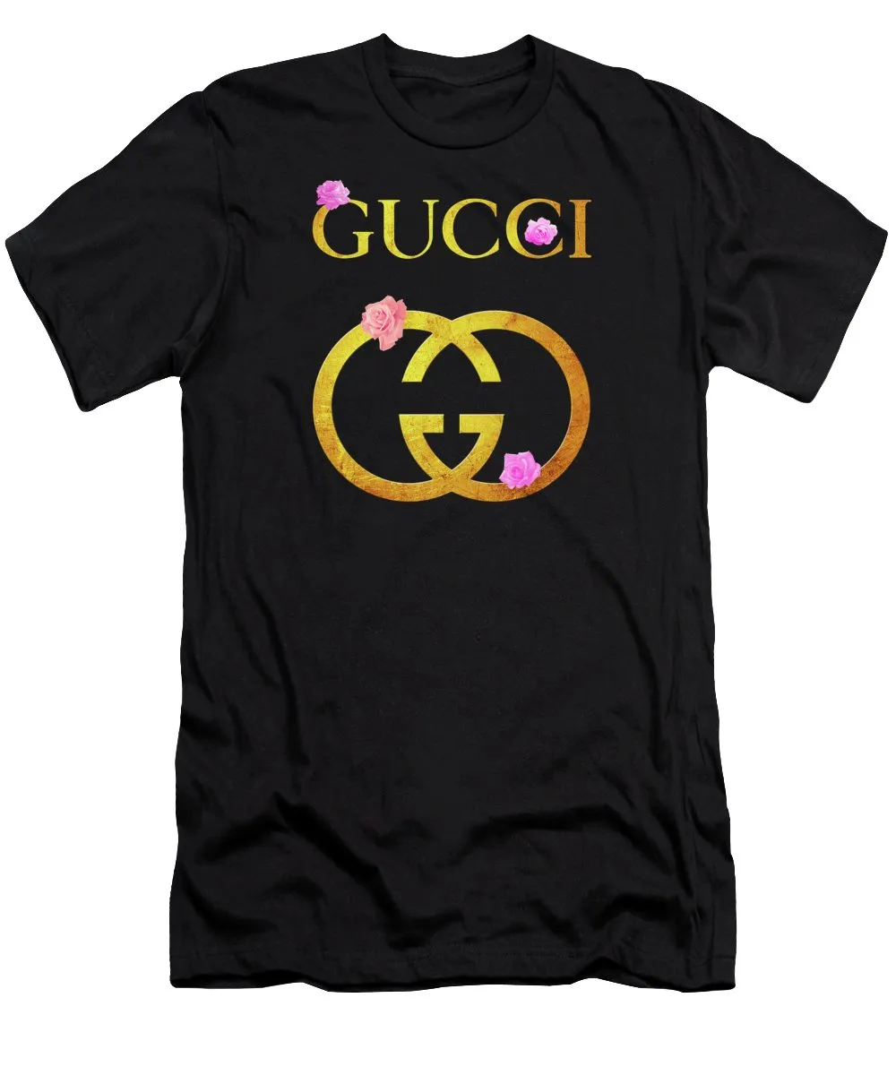 Gucci-Golden-Logo-Pinky-Flowers-Black-Luxury-Brand-Unisex-T-Shirt-Kid-T-Shirt-LTS015 Gucci Golden Logo Pinky Flowers Black Luxury Brand Unisex T-Shirt Kid T-Shirt LTS015