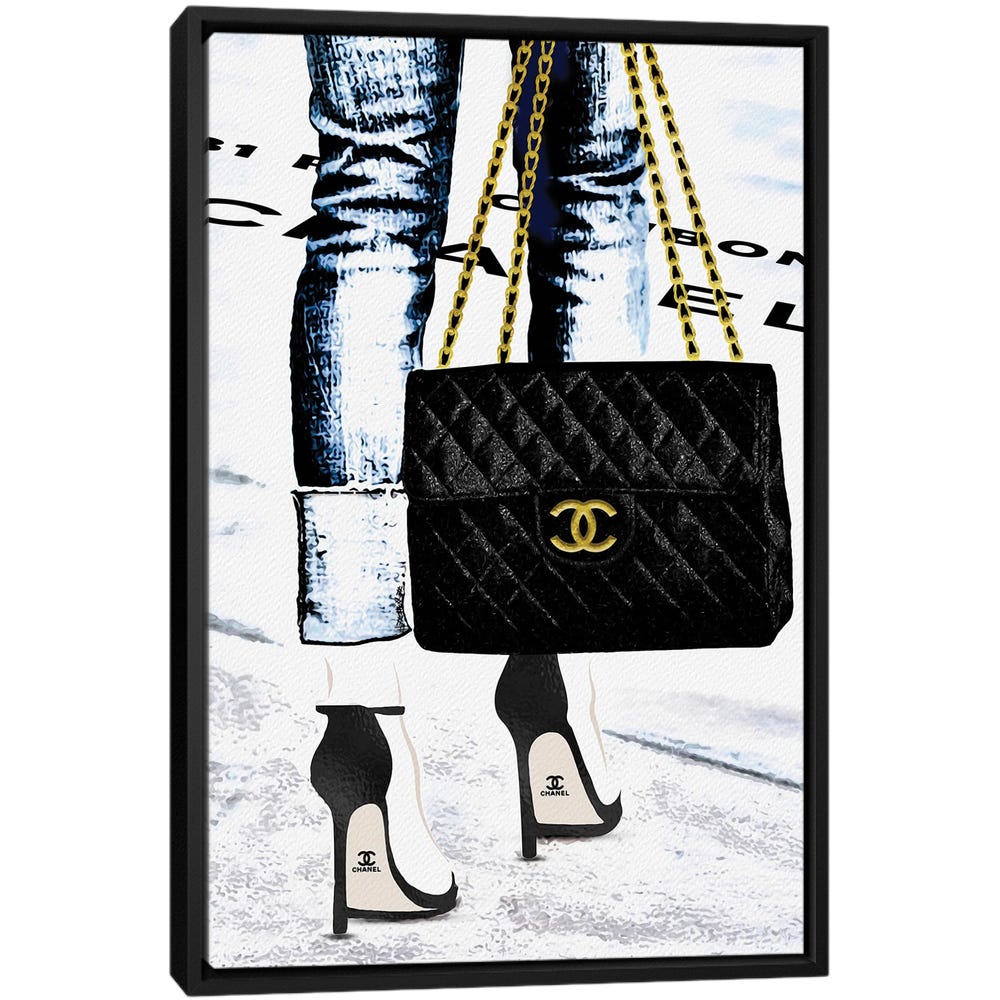 Lady-With-The-Chanel-Bag-And-Black-High-Heels-Black-Framed-Canvas-Stretched-Wrapped-Canvas-Print-Wall-Art-Decor Lady With The Chanel Bag And Black High Heels - Black Framed Canvas
