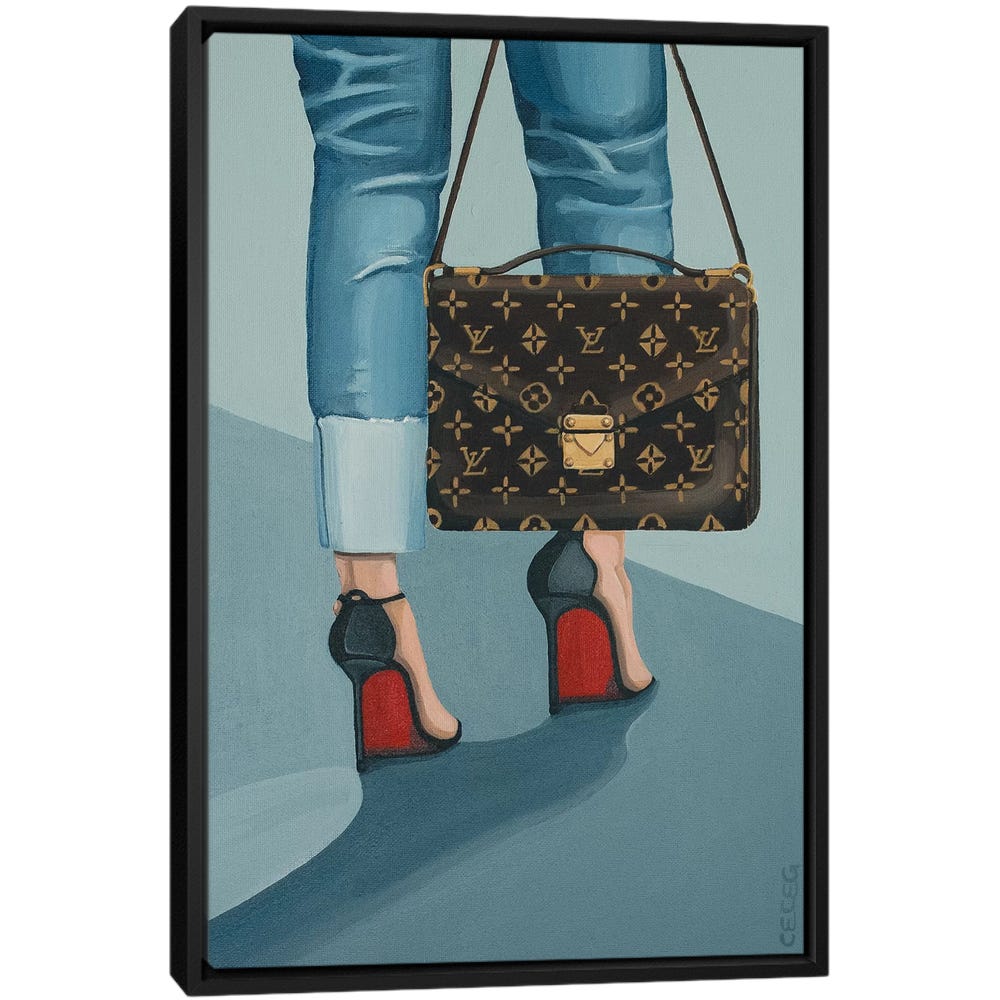 Louis-Vuitton-Bag-And-Louboutin-Heels-Black-Framed-Canvas-Stretched-Wrapped-Canvas-Print-Wall-Art-Decor Louis Vuitton Bag And Louboutin Heels - Black Framed Canvas