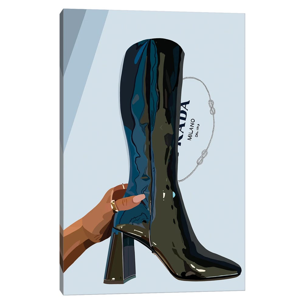 Prada-Boots-Black-Framed-Canvas-Stretched-Wrapped-Canvas-Print-Wall-Art-Decor-1 Stretched Wrapped Canvas Print
