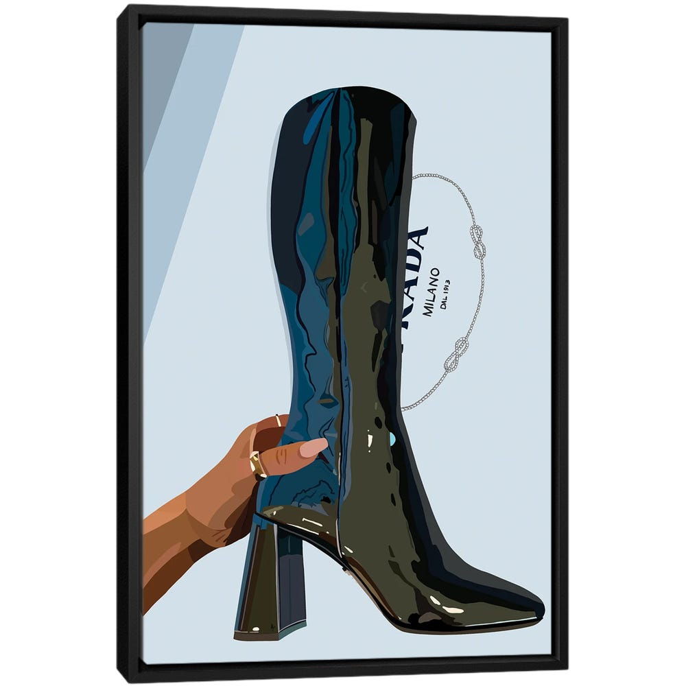 Prada-Boots-Black-Framed-Canvas-Stretched-Wrapped-Canvas-Print-Wall-Art-Decor Prada Boots - Black Framed Canvas