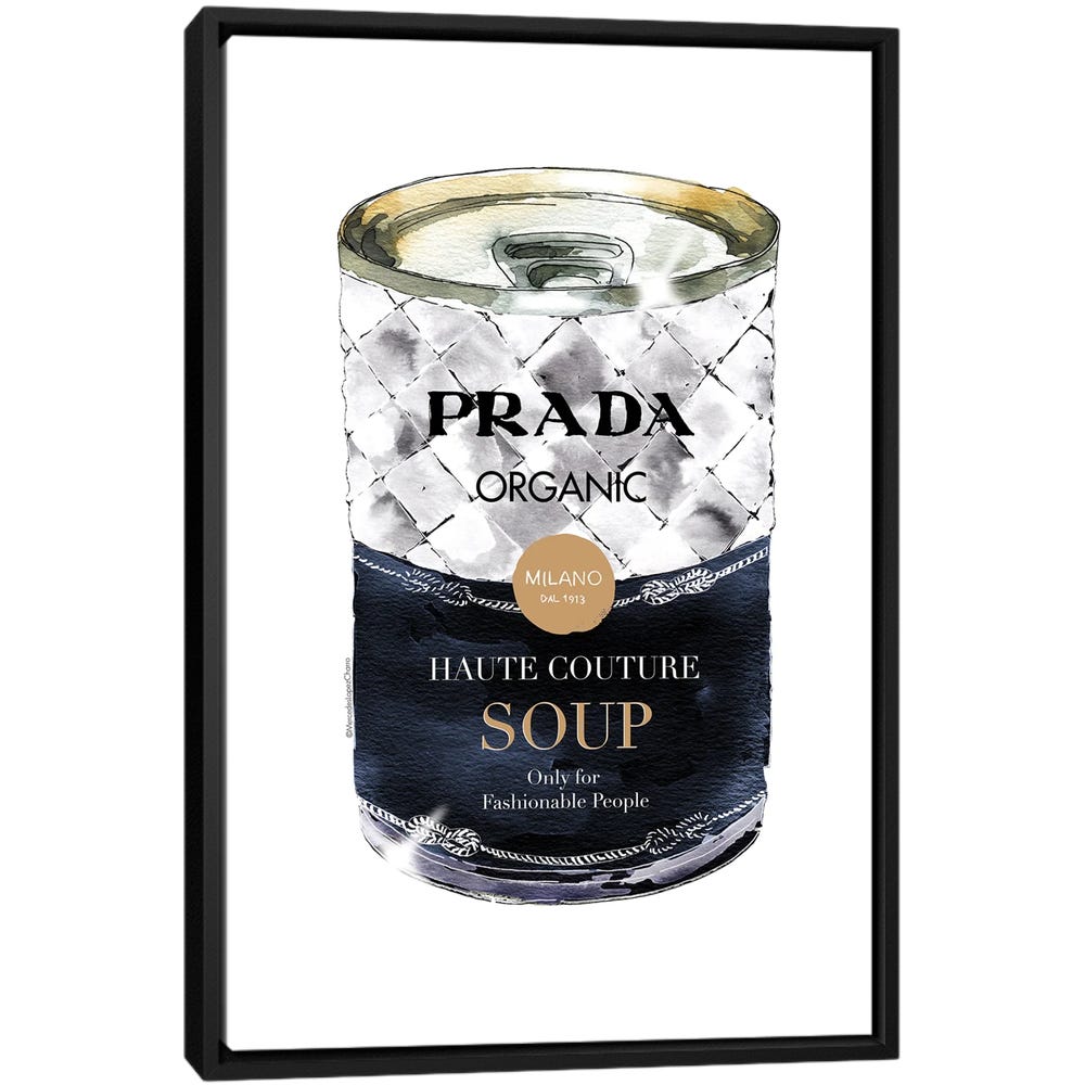 Prada-Soup-Can-Black-Framed-Canvas-Stretched-Wrapped-Canvas-Print-Wall-Art-Decor Prada Soup Can - Black Framed Canvas