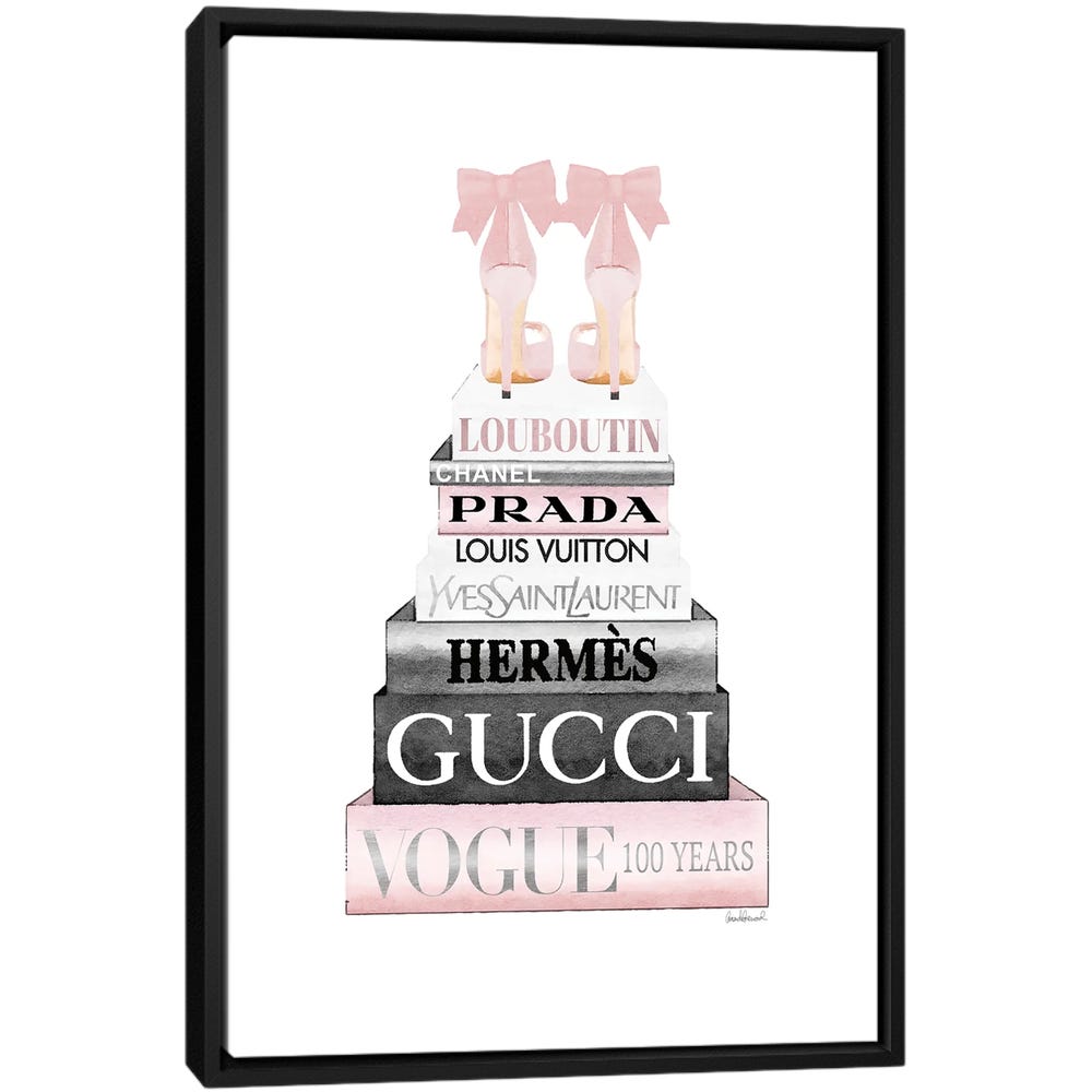 Tall-Pink-And-Silver-With-Bow-Shoes-Black-Framed-Canvas-Stretched-Wrapped-Canvas-Print-Wall-Art-Decor Tall Pink And Silver With Bow Shoes