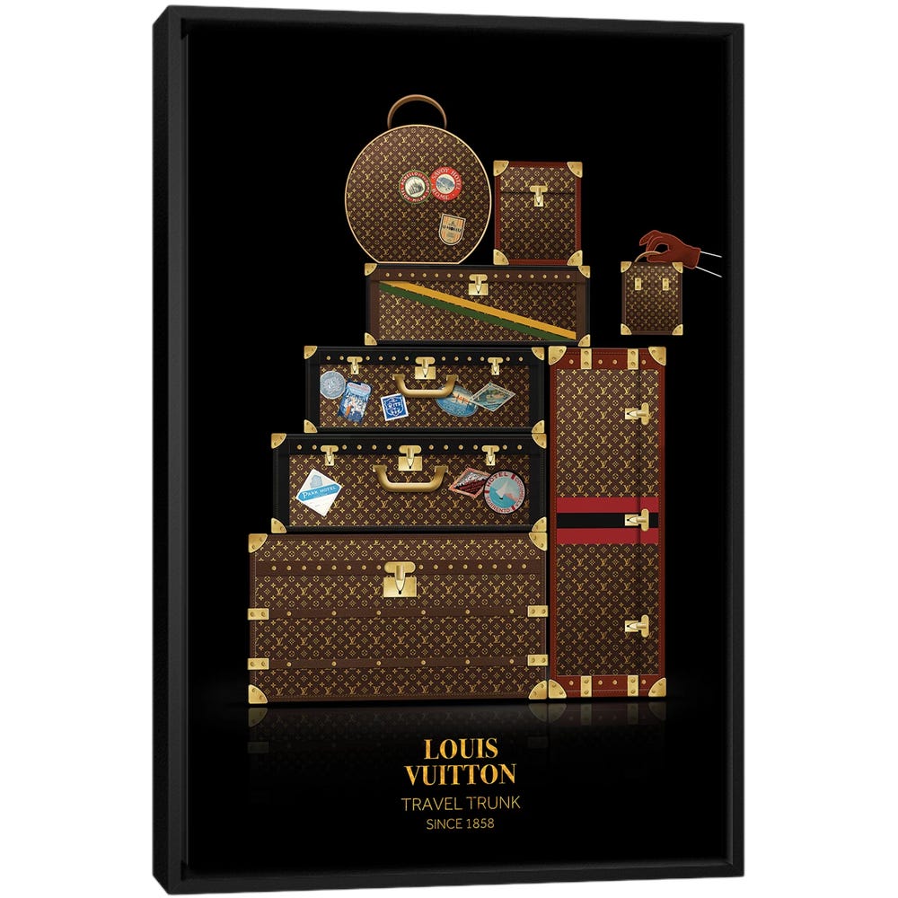Travel-Trunk-Louis-Vuitton-Since-1858-Black-Framed-Canvas-Stretched-Wrapped-Canvas-Print-Wall-Art-Decor Travel Trunk