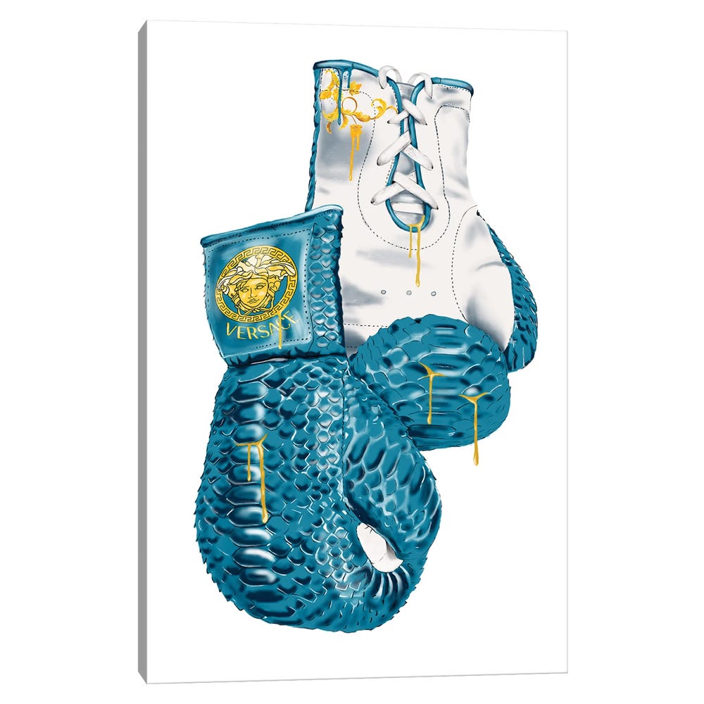 Versace-Eros-Blue-Boxing-Gloves-Black-Framed-Canvas-Stretched-Wrapped-Canvas-Print-Wall-Art-Decor-1 Stretched Wrapped Canvas Print