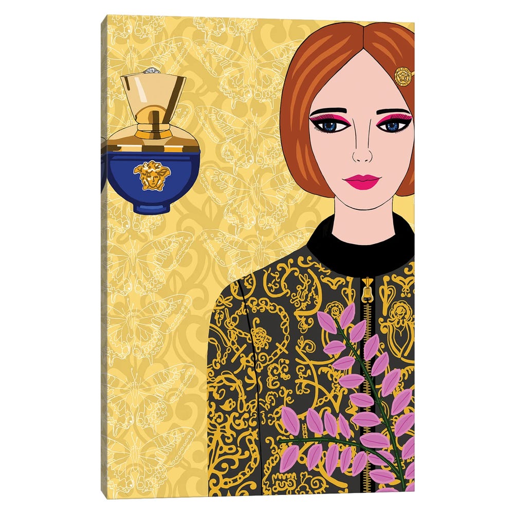 Versace-Jacket-And-Perfume-Black-Framed-Canvas-Stretched-Wrapped-Canvas-Print-Wall-Art-Decor-1 Stretched Wrapped Canvas Print