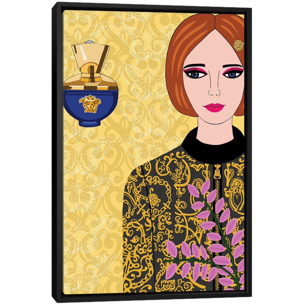 Versace-Jacket-And-Perfume-Black-Framed-Canvas-Stretched-Wrapped-Canvas-Print-Wall-Art-Decor Versace Jacket And Perfume - Black Framed Canvas