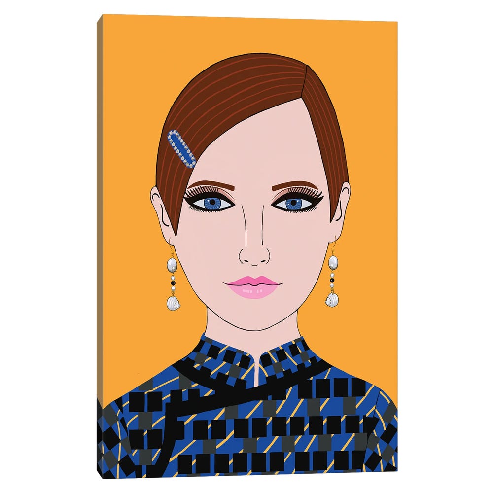 Woman-In-Prada-Blue-Dress-Black-Framed-Canvas-Stretched-Wrapped-Canvas-Print-Wall-Art-Decor-1 Stretched Wrapped Canvas Print