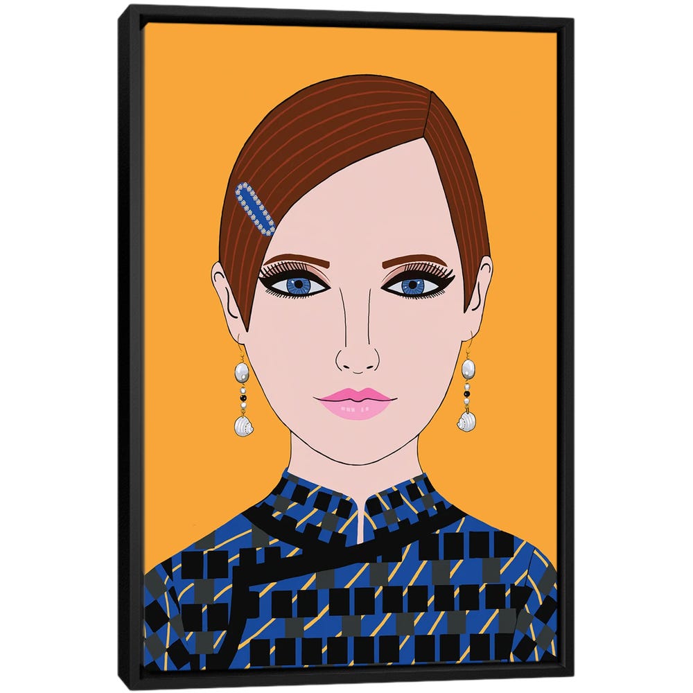 Woman-In-Prada-Blue-Dress-Black-Framed-Canvas-Stretched-Wrapped-Canvas-Print-Wall-Art-Decor Woman In Prada Blue Dress - Black Framed Canvas