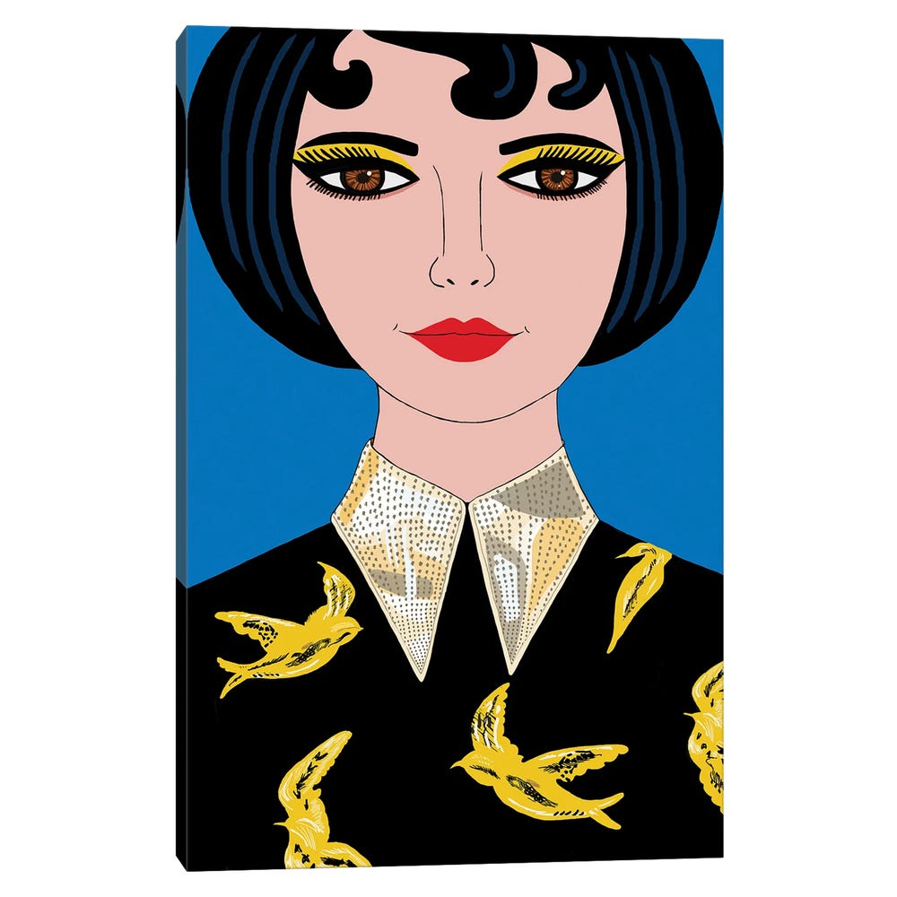 Woman-In-Prada-Yellow-Bird-Dress-Black-Framed-Canvas-Stretched-Wrapped-Canvas-Print-Wall-Art-Decor-1 Stretched Wrapped Canvas Print