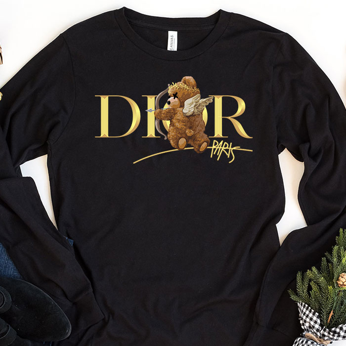 Dior-Gold-Logo-Luxury-Angel-Teddy-Bear-Unisex-Kid-Long-Sleeve-Tee-LTB2518 Dior Gold Logo Luxury Angel Teddy Bear Unisex & Kid Long Sleeve Tee LTB2518
