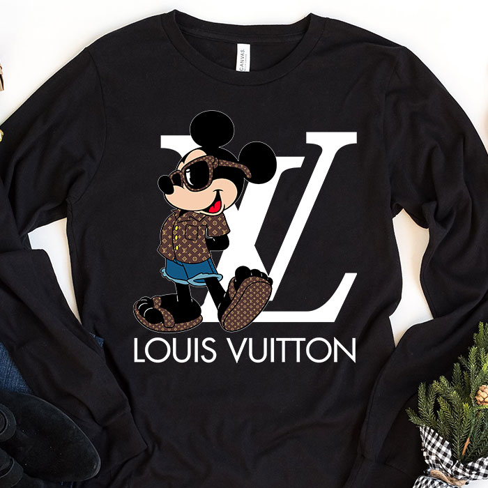 Louis-Vuitton-Logo-Luxury-Monogram-Canvas-Pattern-Mickey-Mouse-Unisex-Kid-Long-Sleeve-Tee-TBL145 Louis Vuitton Logo Luxury Monogram Canvas Pattern Mickey Mouse Unisex & Kid Long Sleeve Tee TBL145