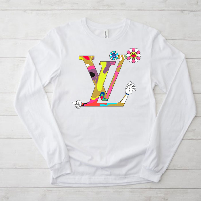 Louis-Vuitton-Logo-Luxury-Takashi-Murakami-Flower-Unisex-Kid-Long-Sleeve-Tee-TBL185 Louis Vuitton Logo Luxury Takashi Murakami Flower Unisex & Kid Long Sleeve Tee TBL185