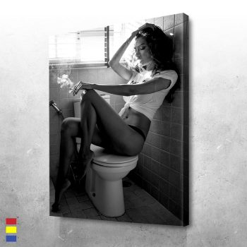 Smoke Break Escapades A Woman's Relaxed Moment in the Bathroom Canvas Poster Print Wall Art Decor