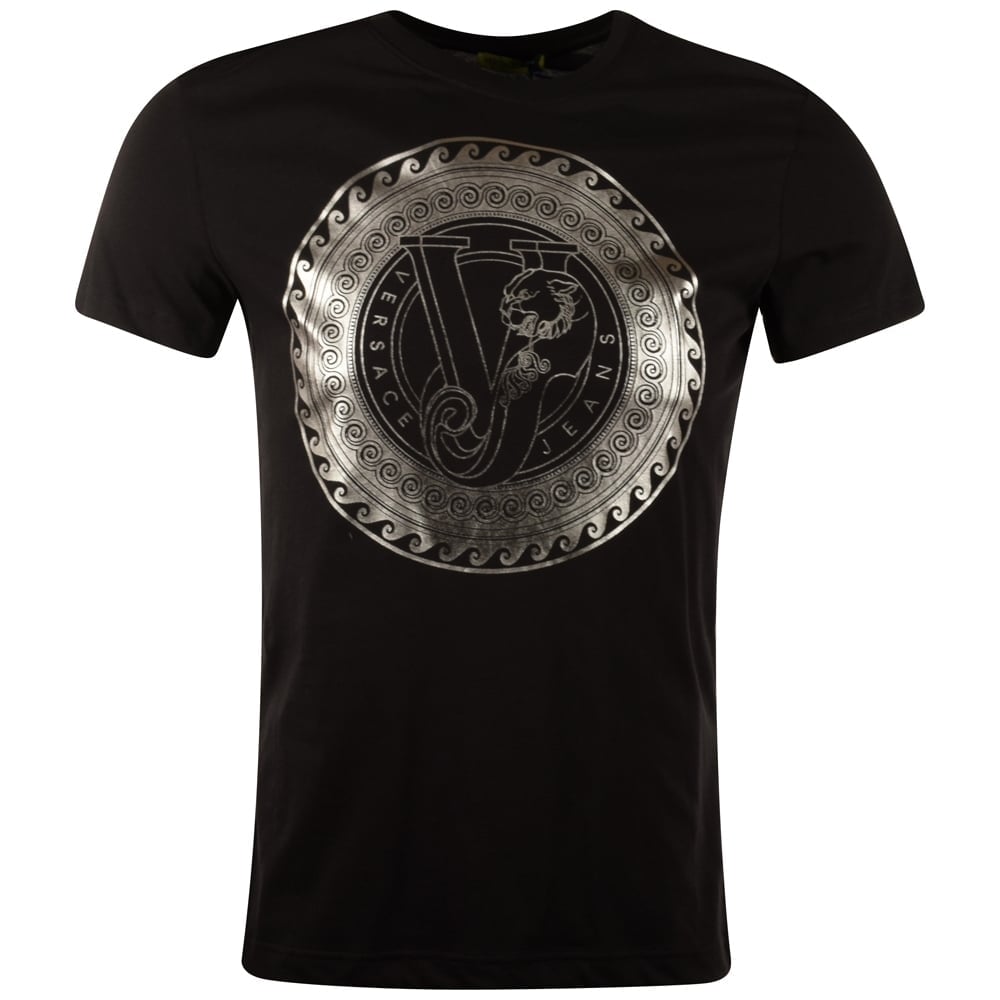 Versace-Jeans-Black-SiLVer-Print-Cotton-Tee-Unisex-T-Shirt-FTS147 Versace Jeans Black SiLVer Print Cotton Tee Unisex T-Shirt FTS147