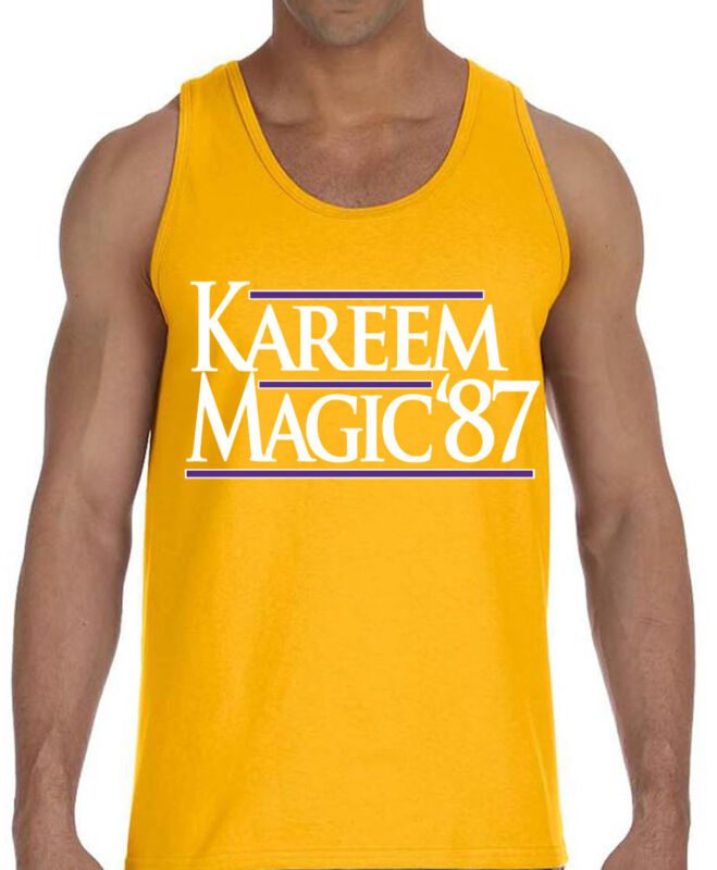 Gold-Magic-Johnson-Los-Angeles-Lakers-Kareem-87-Unisex-Tank-Top Gold Magic Johnson Los Angeles Lakers "Kareem 87" Unisex Tank Top