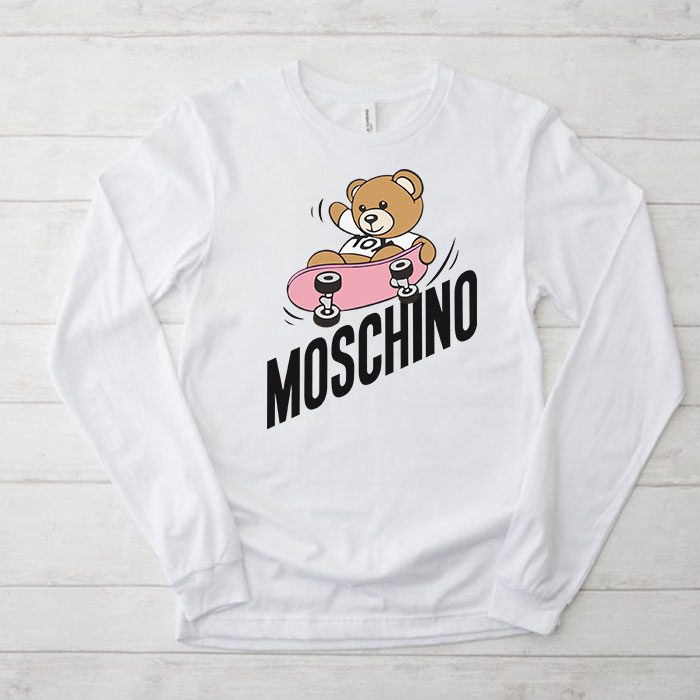 Moschino-Skater-Teddy-Bear-Kid-Tee-Unisex-Longsleeve-Shirt-LTB0899 Moschino Skater Teddy Bear Kid Tee Unisex Longsleeve Shirt LTB0899
