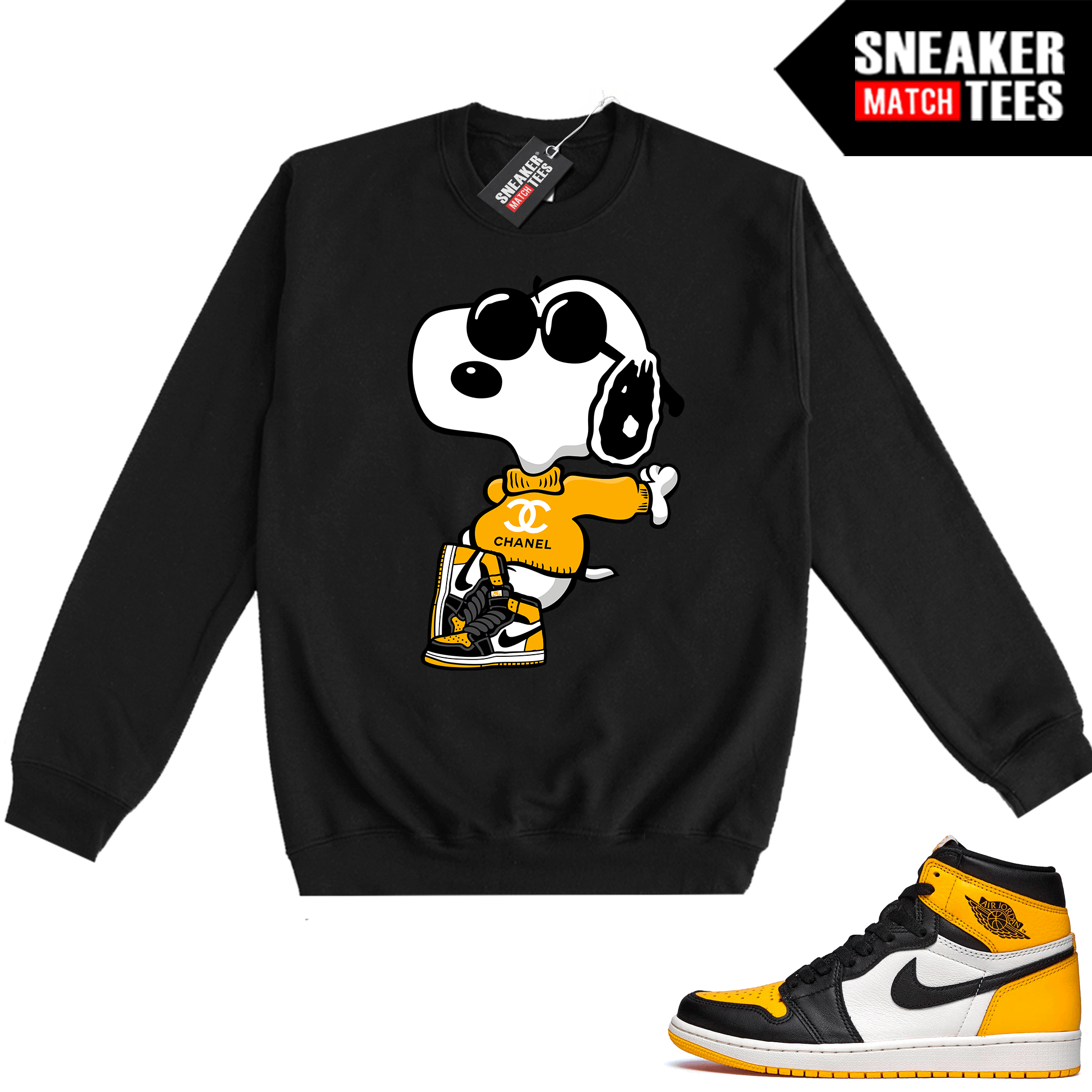 Jordan-1-Taxi-Sneaker-Match-Crewneck-Sweatshirt-Black-Fly-Snoopy Jordan 1 Taxi Sneaker Match Crewneck Sweatshirt Black Fly Snoopy