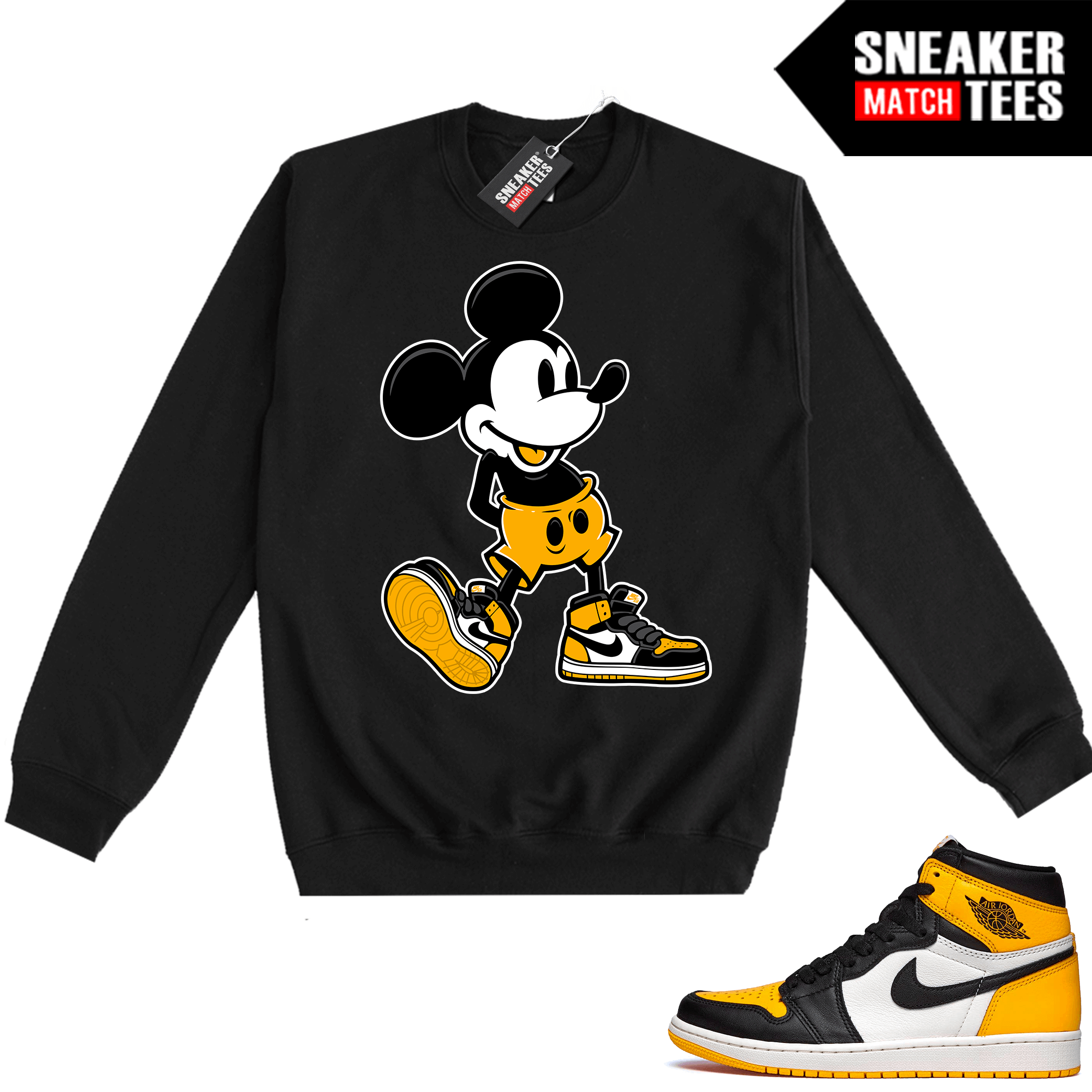Jordan-1-Taxi-Sneaker-Match-Crewneck-Sweatshirt-Black-Sneakerhead-Mickey Jordan 1 Taxi Sneaker Match Crewneck Sweatshirt Black Sneakerhead Mickey