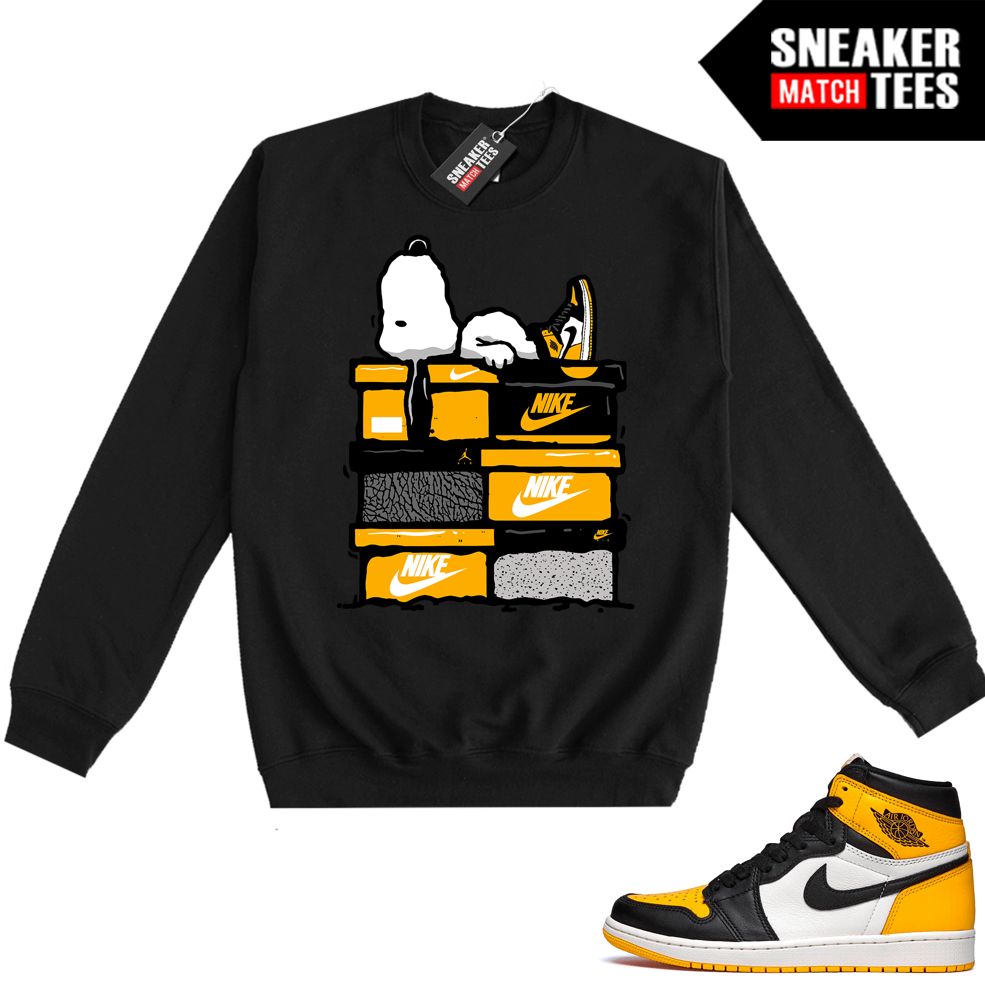 Jordan-1-Taxi-Sneaker-Match-Crewneck-Sweatshirt-Black-Sneakerhead-Snoopy Jordan 1 Taxi Sneaker Match Crewneck Sweatshirt Black Sneakerhead Snoopy