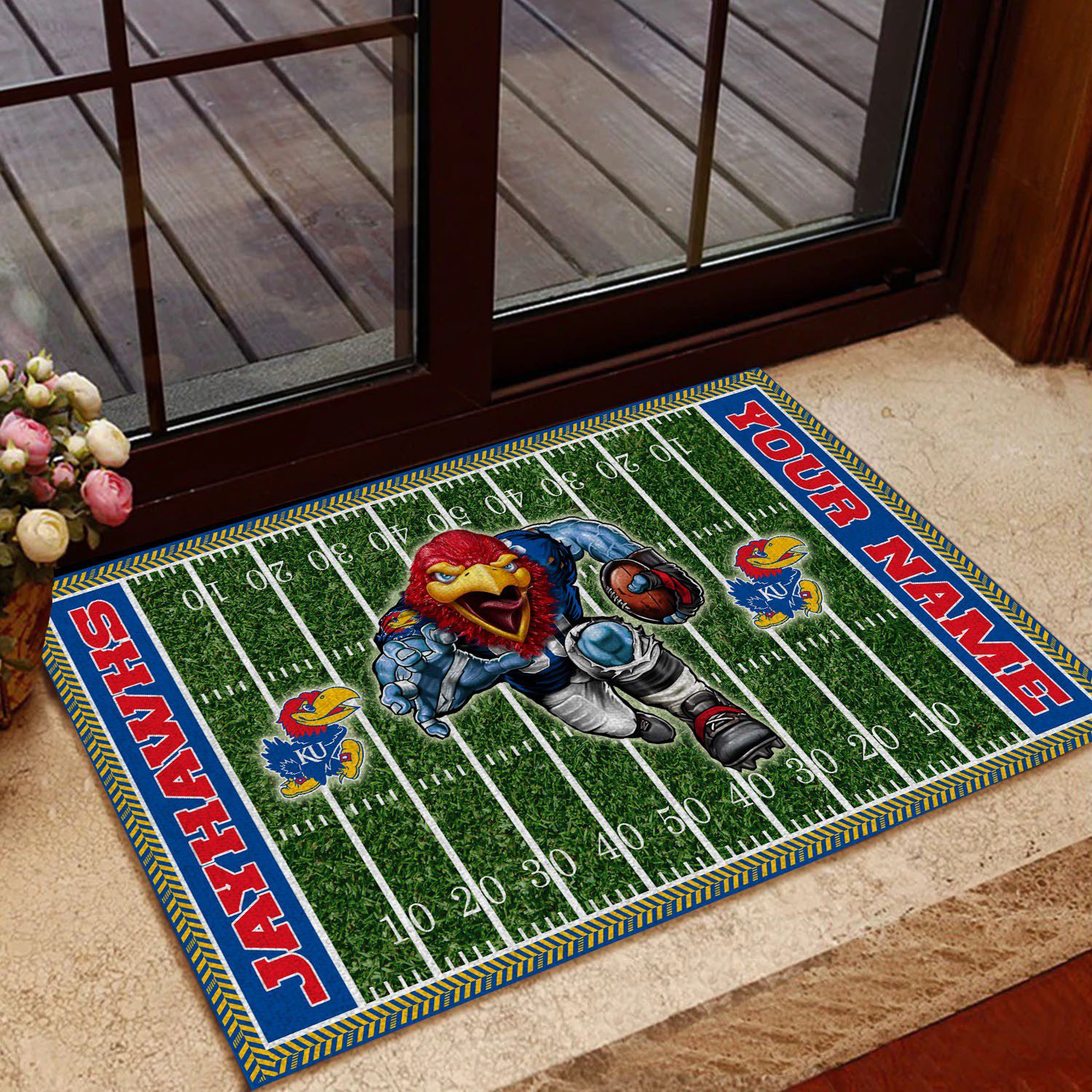 Kansas-Jayhawks-Football-Home-Field-Mascot-Custom-Doormat-DM1334 Kansas Jayhawks Football Home Field Mascot Custom Doormat DM1334