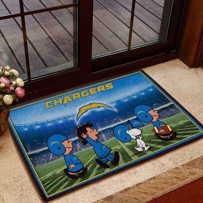 Los-Angeles-Chargers-NFL-Snoopy-And-Friends-At-The-Football-Doormat-Welcome-Mat-DM1779 Los Angeles Chargers NFL Snoopy And Friends At The Football Doormat Welcome Mat DM1779