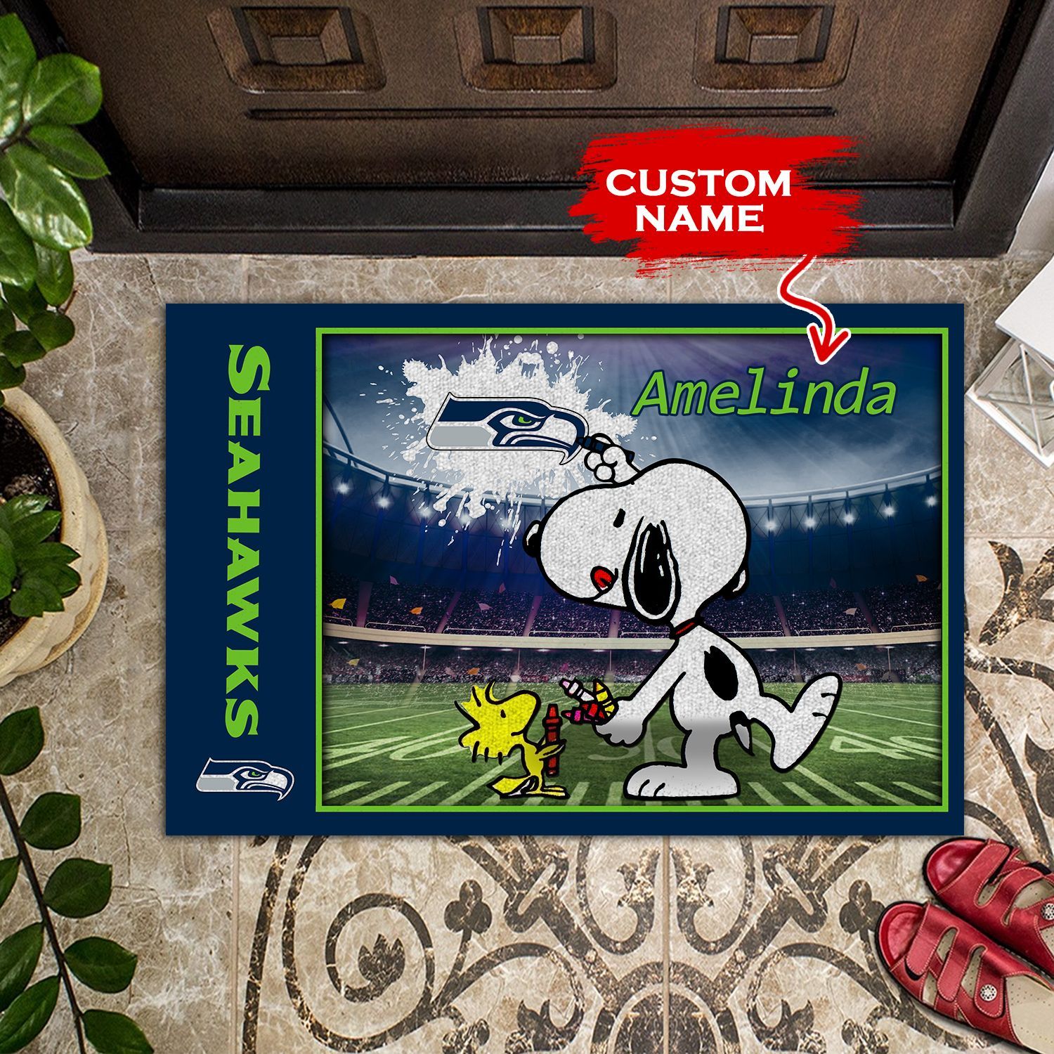 Seattle-Seahawks-Doormats-Snoopy-NFL-02-Custom-Name-Doormat-DM1179 Seattle Seahawks Doormats Snoopy NFL 02 Custom Name Doormat DM1179