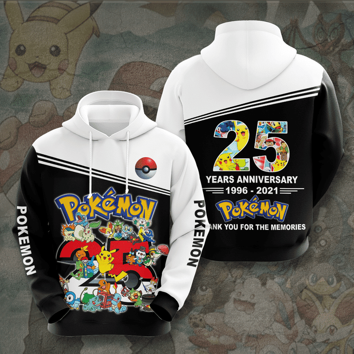 Pokemon-25-Years-Anniversary-3D-Unisex-Pullover-Hoodie-Black-White-IHT1841 Pokemon 25 Years Anniversary 3D Unisex Pullover Hoodie - Black White IHT1841