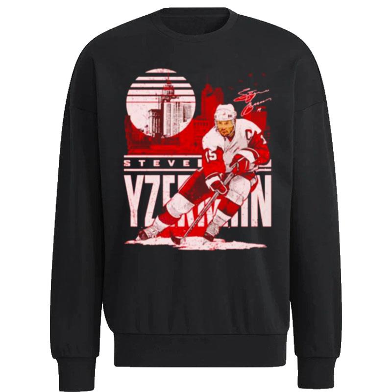 Steve-Yzerman-Detroit-Red-Wings-City-Skyline-Signature-Unisex-Sweatshirt Steve Yzerman Detroit Red Wings City Skyline Signature Unisex Sweatshirt