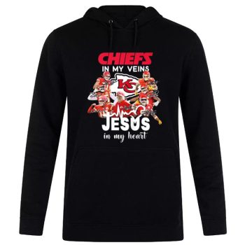Super Bowl LVII Champions Kansas City Chiefs In My Veins Jesus In My Heart Signatures Unisex Pullover Hoodie Unisex Pullover Hoodie