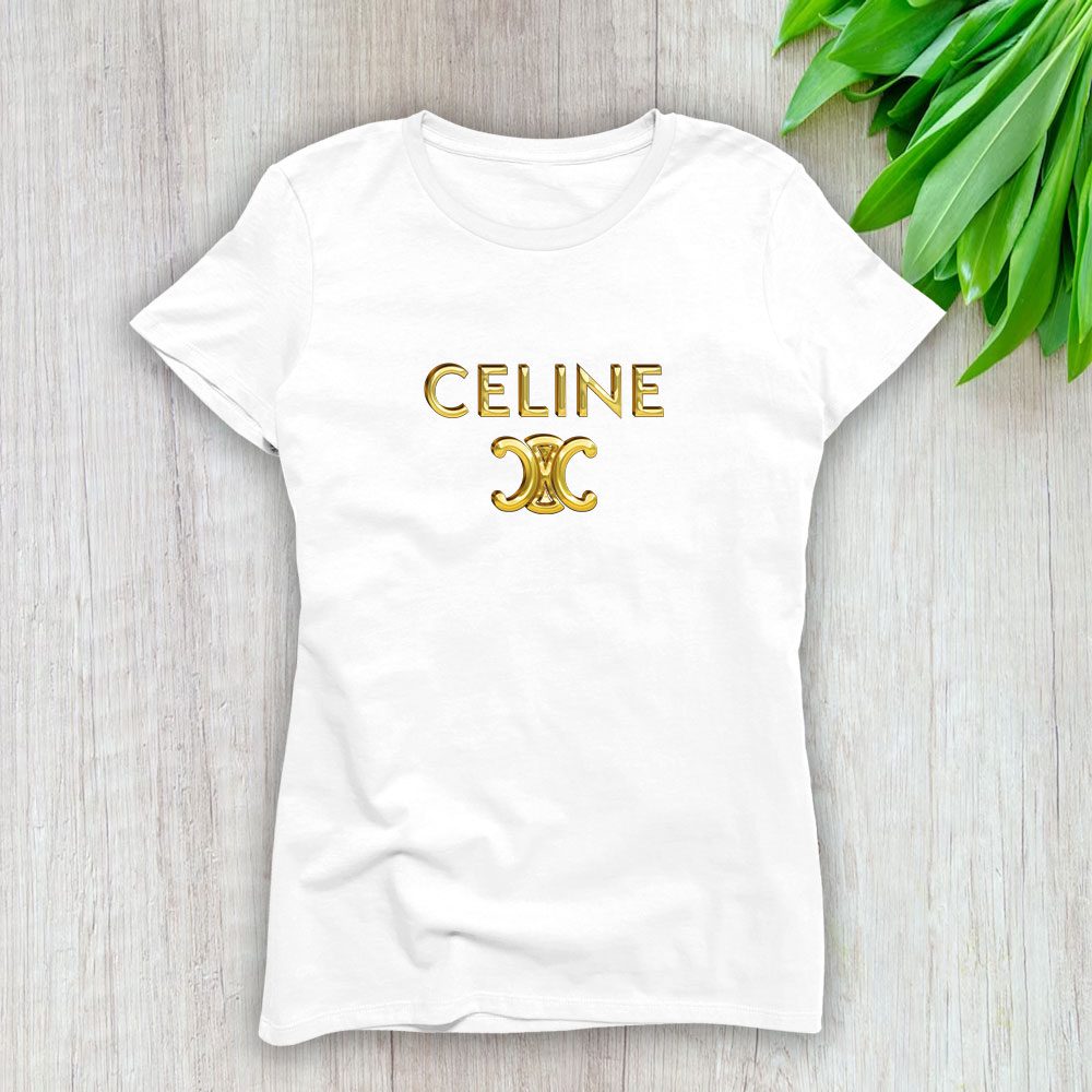 Celine-Gold-Logo-Luxury-Lady-T-Shirt-Luxury-Tee-For-Women-LDS1124 Celine Gold Logo Luxury Lady T-Shirt Luxury Tee For Women LDS1124