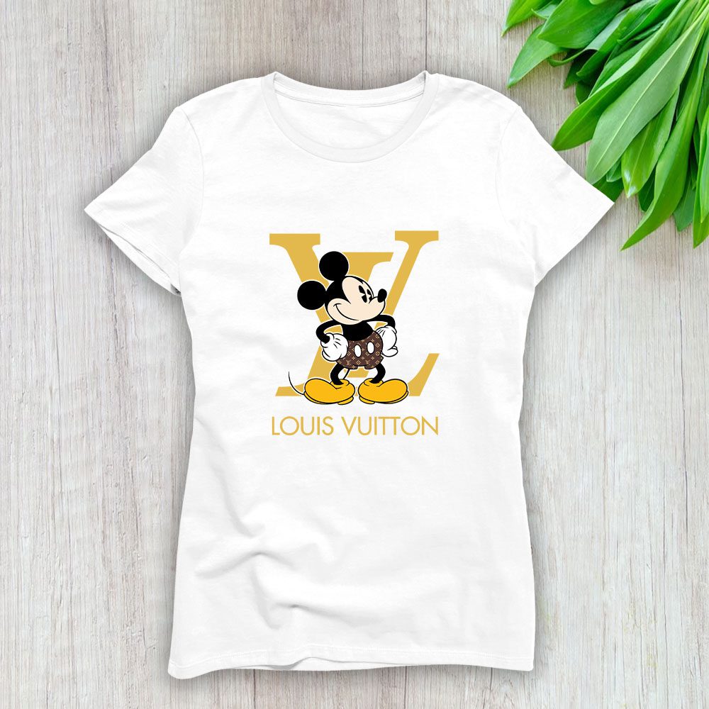 Louis-Vuitton-Logo-Luxury-Monogram-Canvas-Pattern-Mickey-Mouse-Lady-T-Shirt-Luxury-Tee-For-Women-LDS1581 Louis Vuitton Logo Luxury Monogram Canvas Pattern Mickey Mouse Lady T-Shirt Luxury Tee For Women LDS1581